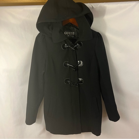 GUESS Jacket Wool Women M Medium Toggle Button Black Hooded Hoody - Picture 2 of 7